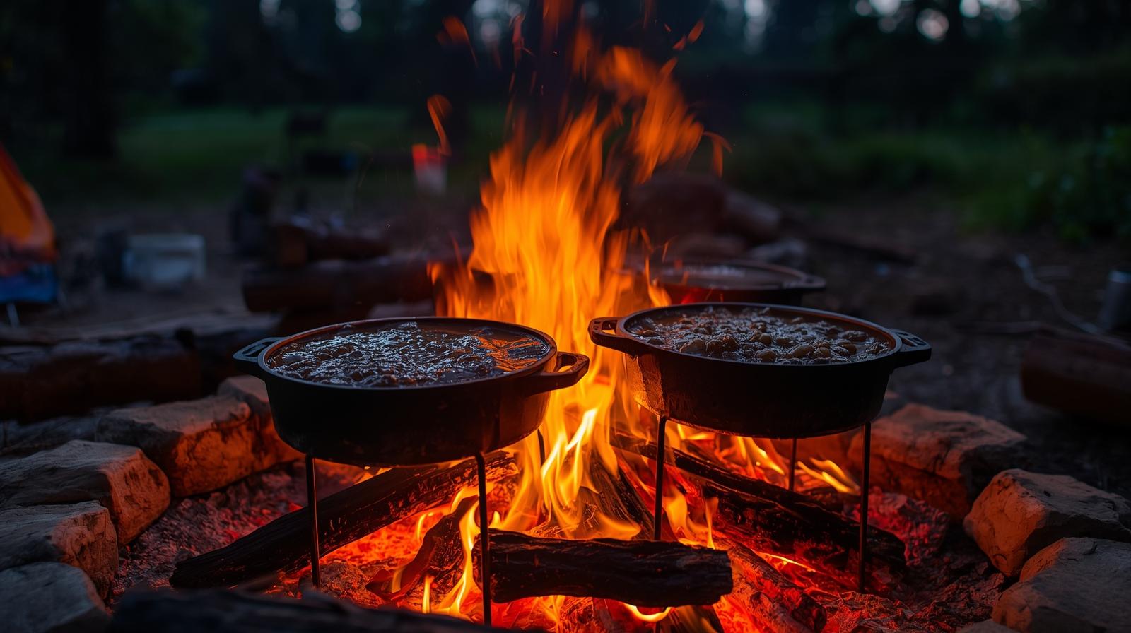 Campfire with two pans cooking over open fire
