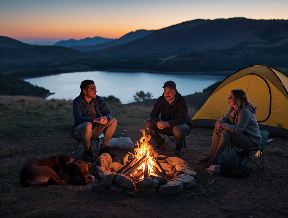 Two men, a woman and a dog around a campfire with hills, a lake and a tent in the backgroud